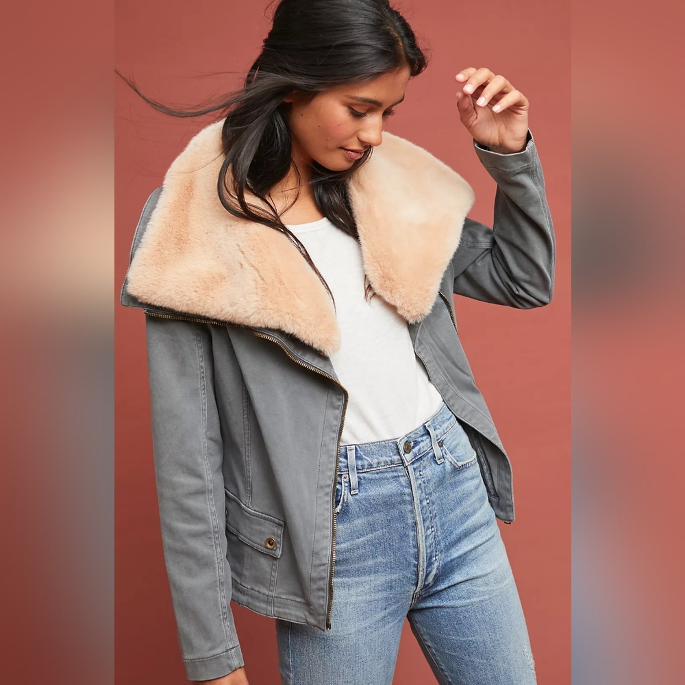 Marrakech Anthropologie Faux Fur Collar Moto Aviator Jacket Size L
